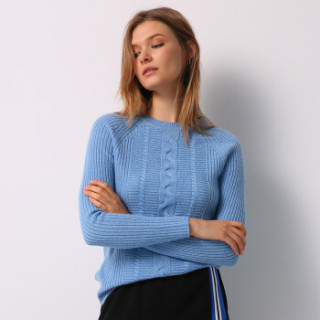 雪莲snowlotus2018秋冬新款山羊绒绞花条纹百搭圆领女套头衫针织衫