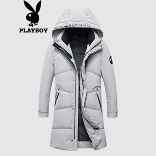 花花公子（PLAYBOY）羽绒服男中长款2019新款冬季韩版加厚保暖商务外套 米灰 180/XL