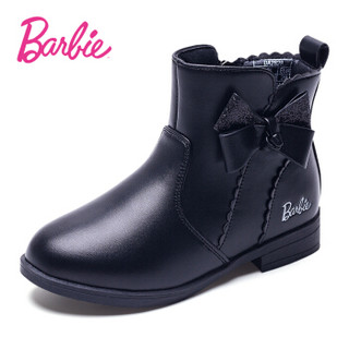芭比 BARBIE 童鞋 儿童马丁靴2019新款冬季加绒保暖女童短靴时尚公主皮靴 2828 黑色 31码