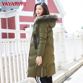 鸭鸭（YAYA）羽绒服女中长款连帽毛领韩版时尚宽松羽绒服女装 B-57622 深军绿 160
