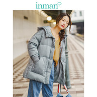 茵曼（INMAN）2019冬装新款时尚连帽中款鸭绒系带收腰立领羽绒服女 18941|21019 灰蓝色 L