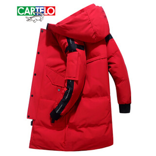 卡帝乐鳄鱼(CARTELO)羽绒服男中长款2019冬季新款保暖休闲外套连帽修身上衣 红色 L
