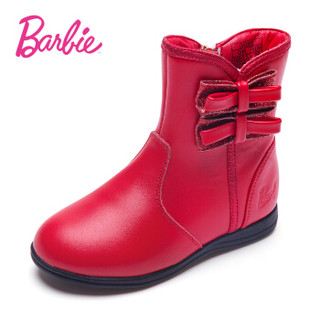 芭比 BARBIE 童鞋 女童靴子2019新款冬季保暖儿童棉靴加绒公主小高跟皮靴中筒靴 2813 红色 27码