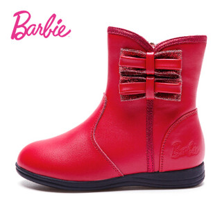 芭比 BARBIE 童鞋 女童靴子2019新款冬季保暖儿童棉靴加绒公主小高跟皮靴中筒靴 2813 红色 27码