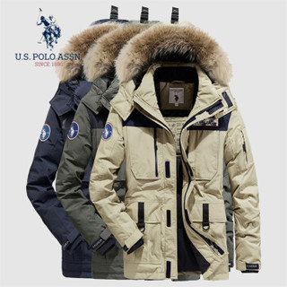 U.S. POLO ASSN. 羽绒服男 2019冬季新品男士可卸连帽中长款加厚衣服白鸭绒保暖外套 6194117032 黑蓝色 M