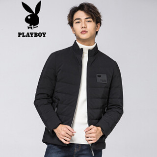 花花公子 PLAYBOY 2019秋冬新款长袖男士羽绒服90白鸭绒潮流修身时尚运动休闲外套男 68880502 黑色 180/2XL