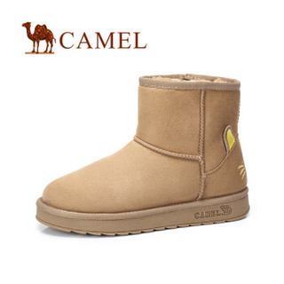 骆驼（CAMEL） 女士 纯色简约萌猫装饰加绒雪地靴 A84519606 卡其 35