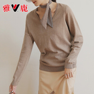 雅鹿 MY2398 韩范棉毛衣女套头针织衫纯色V领长袖上衣 棕色 XL