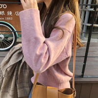仙丫 2019秋季新款女装新品针织衫女长袖V领宽松针织衫打底套头毛衣女 ywC1914 粉色 XL