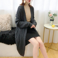 AUDDE 2019秋冬季新款女装新品外套女加厚长款毛线开衫韩版灯笼袖毛衣外套 JXALJN036 深灰色 均码