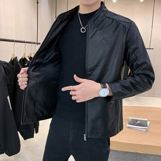 富贵鸟(FUGUINIAO)皮衣男2019秋季新款韩版时尚机车皮夹克潮流立领修身外套男 黑色 XL