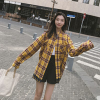 丽乔 格子衬衫女2019秋季新品韩版女装黄色毛边格子衬衣外套女 HJ8288010Q 黄色 XL