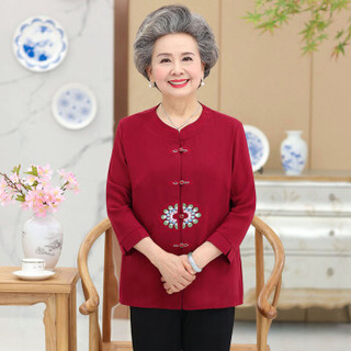 俞兆林 2019秋季新款女奶奶装上衣60岁70中老年女长袖绣花衬衫YTCC197341酒红色XL