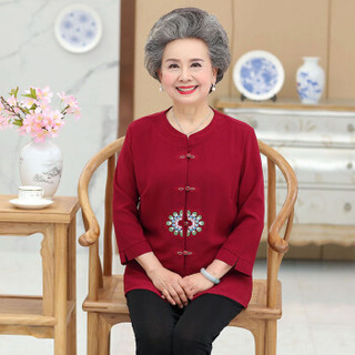 俞兆林 2019秋季新款女奶奶装上衣60岁70中老年女长袖绣花衬衫YTCC197341酒红色XL