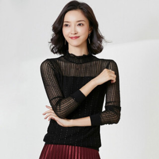 商品joyofjoy京东女装2019秋季新款韩版半高领网纱打底衫女蕾丝长袖