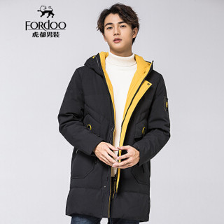 虎都 FORDOO 羽绒服男2019冬季新款潮酷抗寒鸭绒连帽时尚百搭简约中长款外套 VA3BH19880089  黑黄 185/3XL