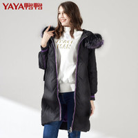 鸭鸭（YAYA）羽绒服女中长款连帽毛领修身显瘦时尚女装外套 B-58259 黑色 165