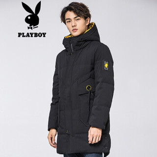 花花公子 PLAYBOY 羽绒服男2019秋冬新款男士保暖中长款90白鸭绒羽绒服上衣外套 69880089 黑黄 190/4XL