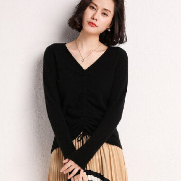 商品维迩旎 2019秋冬季新品女装羊绒衫女v领毛衣短款修身抽绳鸡心领