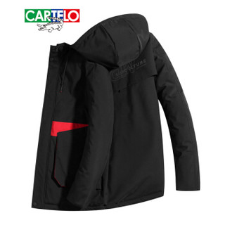 卡帝乐鳄鱼(CARTELO)羽绒服男士2019冬季新款连帽修身加厚中长款外套白鸭绒防寒保暖 黑色 4XL