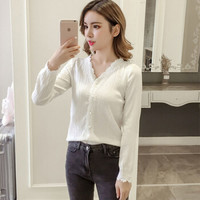 JOY OF JOY 京东女装2019新款韩范V领蕾丝白色长袖衬衫chic宽松休闲衬衣女 JWCC197170 白色 L