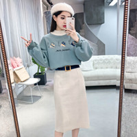 莉夏乐 卫衣2019秋季新款女装新品时尚加绒加厚卫衣针织半身裙两件套 zx1416-8210 蓝色上衣米白色半身裙 L