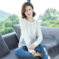 Markentsee 2019秋装新品针织衫女装纯色镂空宽松外搭针织打底衫修身显瘦潮圆领简约 JXALJT025 米白 均码