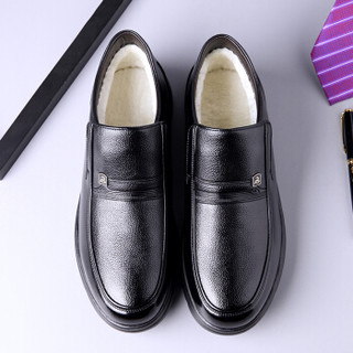 普若森（Precentor）男士商务休闲保暖加绒靴子高帮套脚中老年爸爸棉皮鞋1935 黑色 42