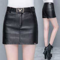 凡淑 皮短裤女士2019秋季新款韩版时尚高腰a字裤显瘦靴裤外穿pu皮裙裤 HZ2023-20181 黑色 S