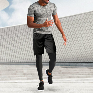 潮流假期 运动套装男健身服跑步短裤T恤薄款透气速干衣足球篮球短袖训练服 NZ9006-灰色-短袖三件套-L