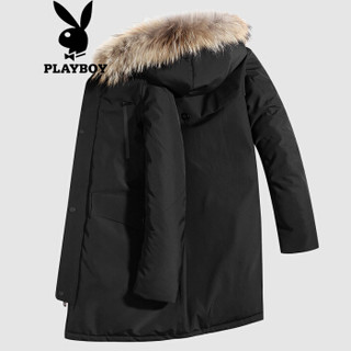 花花公子（PLAYBOY）羽绒服男外套2019冬季新款连帽保暖上衣中长款时尚大毛领男装 黑色 L/175