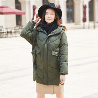 鸭鸭（YAYA）羽绒服女中长款连帽纯色韩版大码宽松休闲女装外套 B-57660 军绿 165