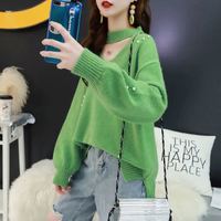 仙丫 2019秋季新款女装新品针织衫女很仙的针织上衣洋气百搭宽松钉珠套头毛衣女 ywH807 绿色 均码