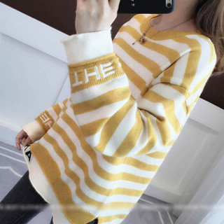 米兰茵（MILANYIN）女装 2019年冬季新款低领毛衣宽松条纹薄款拼接针织衫NYml276 黄色 均码