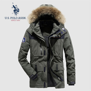 U.S. POLO ASSN. 羽绒服男 2019冬季新品男士可卸连帽中长款加厚衣服白鸭绒保暖外套 6194117032 军绿色 XL