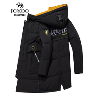 虎都 FORDOO 羽绒服男2019冬季新款潮酷抗寒鸭绒连帽时尚百搭简约中长款外套 VA3BH19880089  黑黄 180/2XL