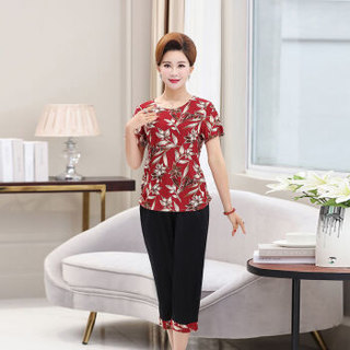 莉夏乐 2019夏季新品韩版中老年女装妈妈装两件套装冰丝时尚短袖T恤大码老人时尚套装 GZJS32205 红格子 4XL