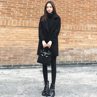 薇图 vitto 女装 2019秋季 韩版宽松显瘦黑色中长款毛呢外套大衣 HC00VT99 黑色 XL