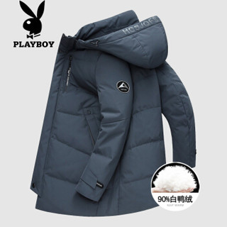 花花公子 PLAYBOY 羽绒服男士2019秋冬商务休闲保暖中长款大衣连帽加厚外套男 蛤青 2XL