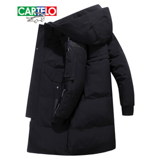 卡帝乐鳄鱼(CARTELO)羽绒服男中长款2019冬季新款保暖休闲外套连帽修身上衣 黑色 2XL