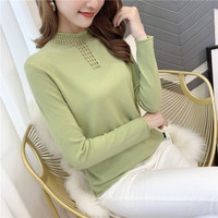 莉夏乐 2019秋冬女装新款边镂空半高领薄针织衫女装纯色长袖针织衫 HCSS908442 绿色 均码