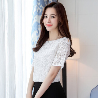 曼如芬 很仙的上衣 2019夏季新款韩版洋气短袖设计感女小众轻熟蕾丝雪纺衫衬衣 XRSS9060 白色 M