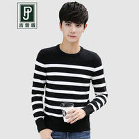 吉普盾圆领针织衫毛衣男2019秋季新款韩版潮流条纹毛衫男士套头线衣 黑色 M