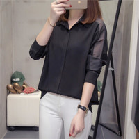 曼如芬 宽松网纱长袖衬衫 2019秋季新品韩版胖妹妹单排扣洋气职业衬衣 ZLNM9046 黑色 3XL