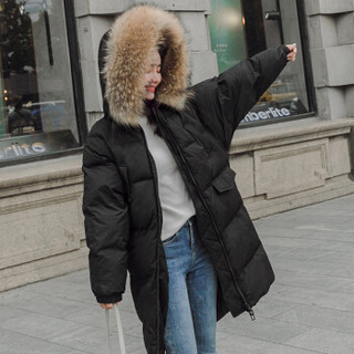 AUDDE 2019冬季新款女装新品棉服女中长款韩版宽松外套棉衣 WLPZJBK01A （0023款）黑色+黄毛领 S