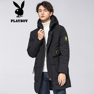 花花公子 PLAYBOY 羽绒服男2019秋冬新款男士保暖中长款90白鸭绒羽绒服上衣外套 69880089 黑色 190/4XL