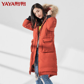 鸭鸭（YAYA）羽绒服女长款连帽毛领加厚休闲宽松女装外套 B-58263 铁绣红 170