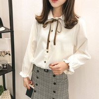 JOY OF JOY 京东女装2019秋季新款学院风清新灯芯绒系带长袖衬衫女潮 JWCC197185 白色 L
