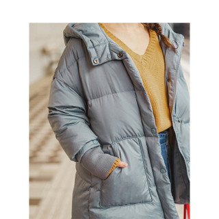 茵曼（INMAN）2019冬装新款时尚连帽中款鸭绒系带收腰立领羽绒服女 18941|21019 灰蓝色 XL