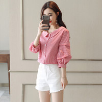 一塘晨秋装女2019新款时尚韩版七分袖娃娃领小清新单排扣格子衬衣 S93R4907CA760M  红色格子 M